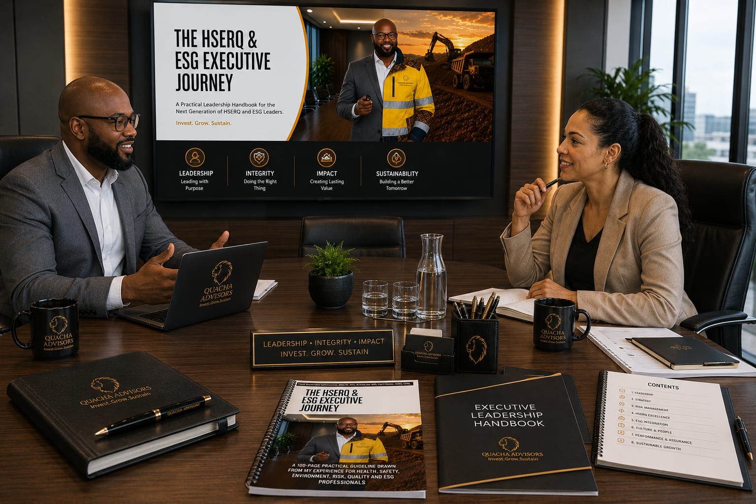 Executive boardroom discussion with Quacha Advisors HSEQ & ESG leadership materials and presentation