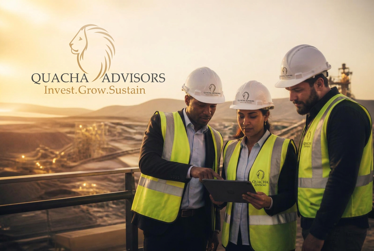 Quacha Advisors team in safety gear reviewing plans on a tablet at an industrial site